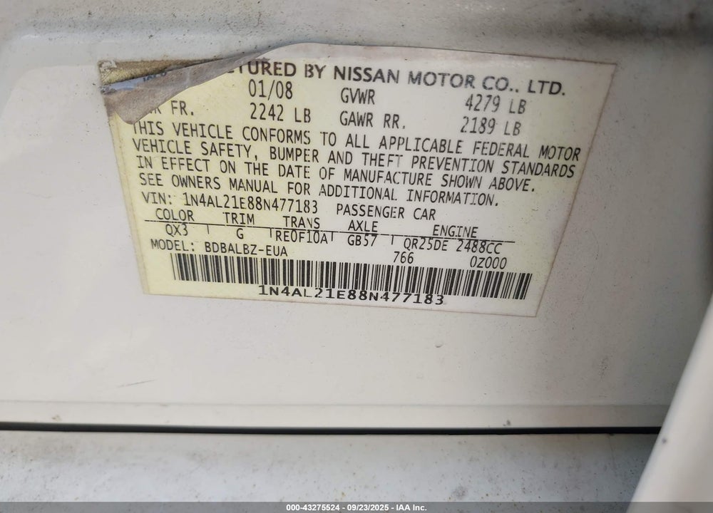 2008 NISSAN ALTIMA 2.5 S VIN: 1N4AL21E88N477183