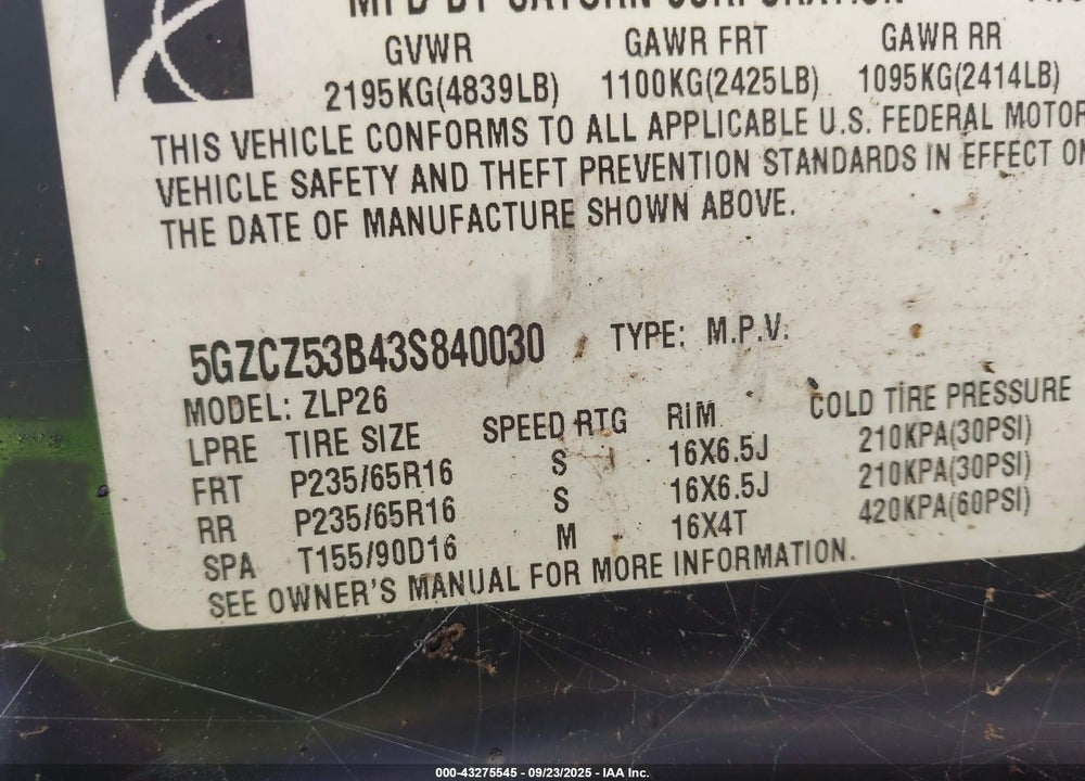 2003 SATURN VUE V6 VIN: 5GZCZ53B43S840030