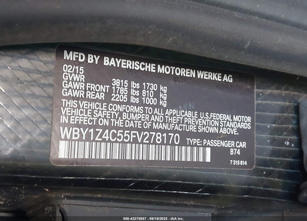 2015 BMW I3 BASE W/RANGE EXTENDER VIN: WBY1Z4C55FV278170