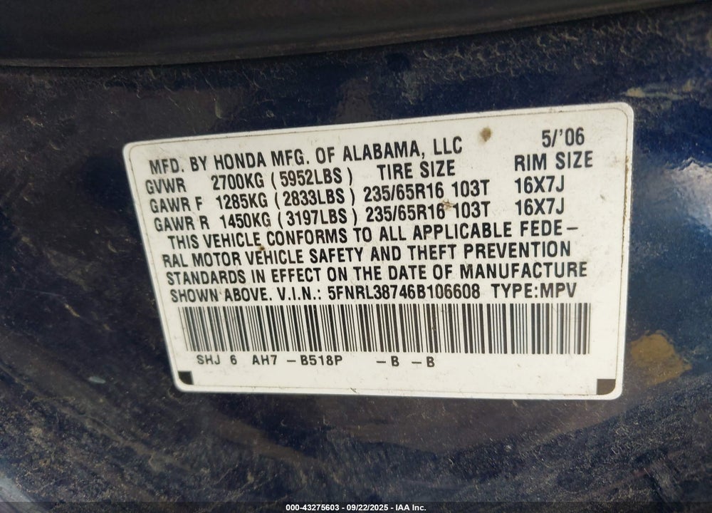 2006 HONDA ODYSSEY EX-L VIN: 5FNRL38746B106608