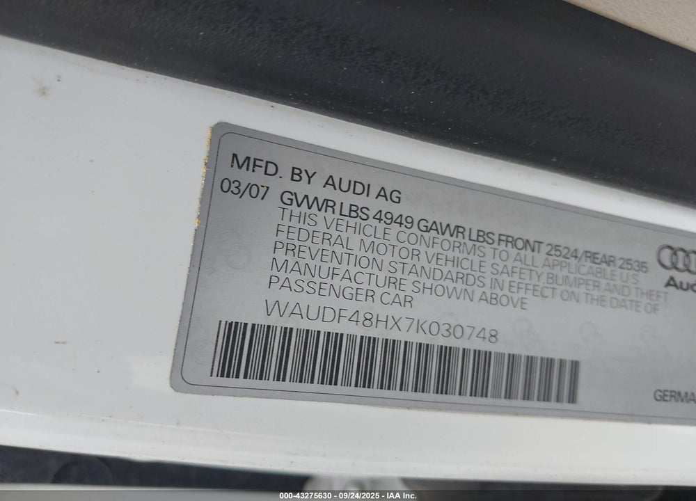 2007 AUDI A4 VIN: WAUDF48HX7K030748