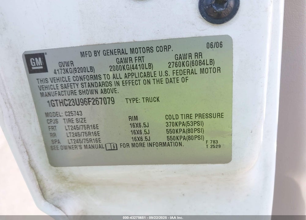2006 GMC SIERRA VIN: 1GTHC23U96F267079