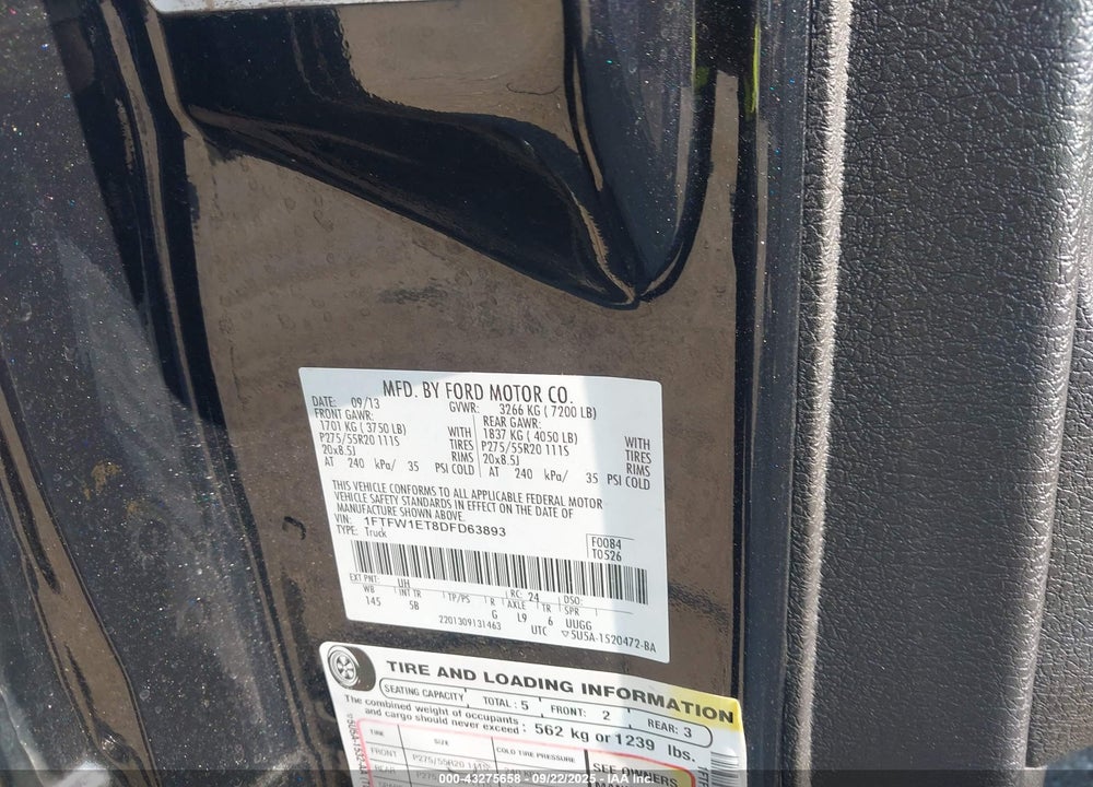 2013 FORD F-150 VIN: 1FTFW1ET8DFD63893