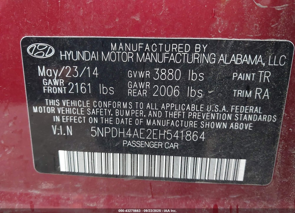 2014 HYUNDAI ELANTRA SE VIN: 5NPDH4AE2EH541864