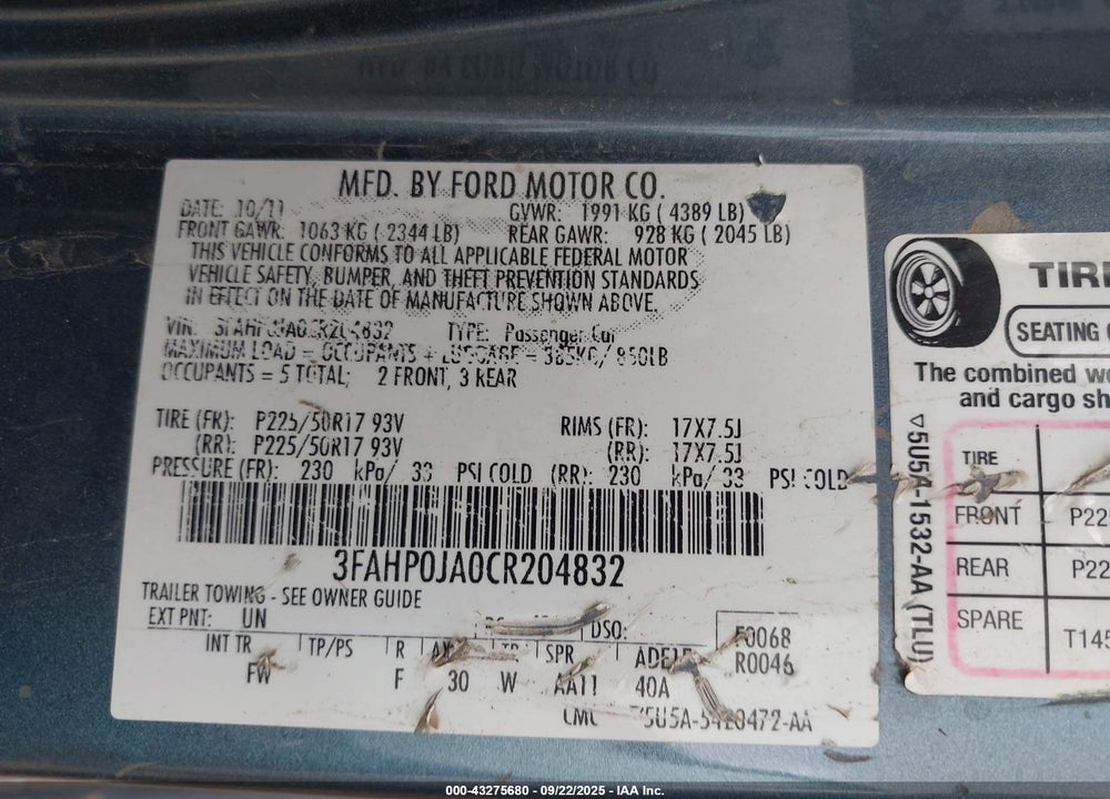 2012 FORD FUSION VIN: 3FAHP0JA0CR204832