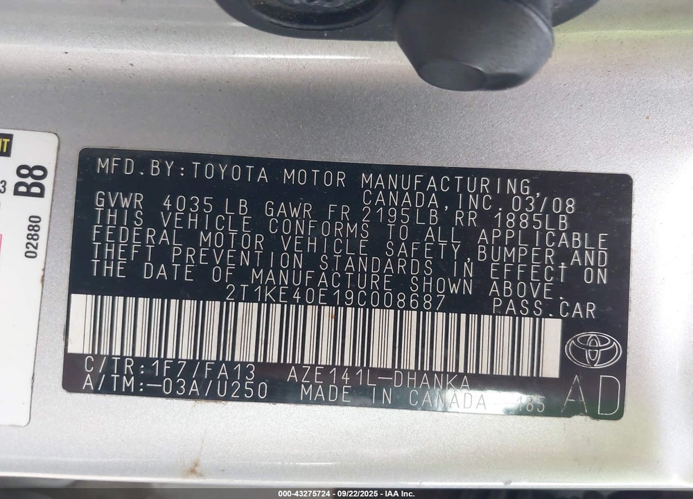 2009 TOYOTA MATRIX VIN: 2T1KE40E19C008687