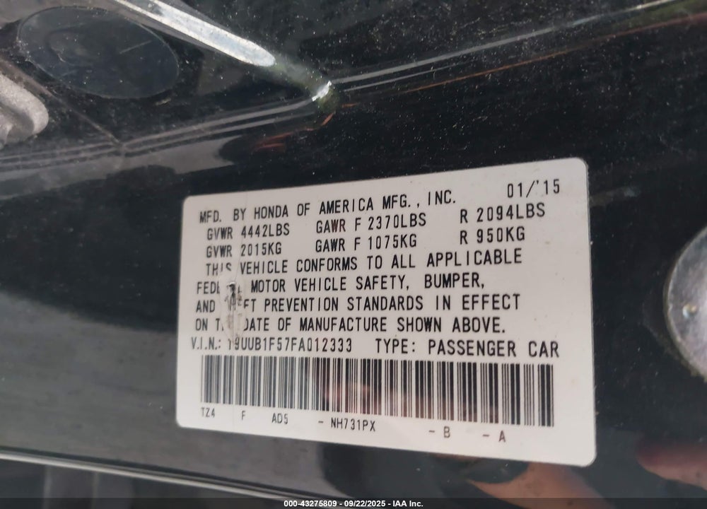 2015 ACURA TLX VIN: 19UUB1F57FA012333