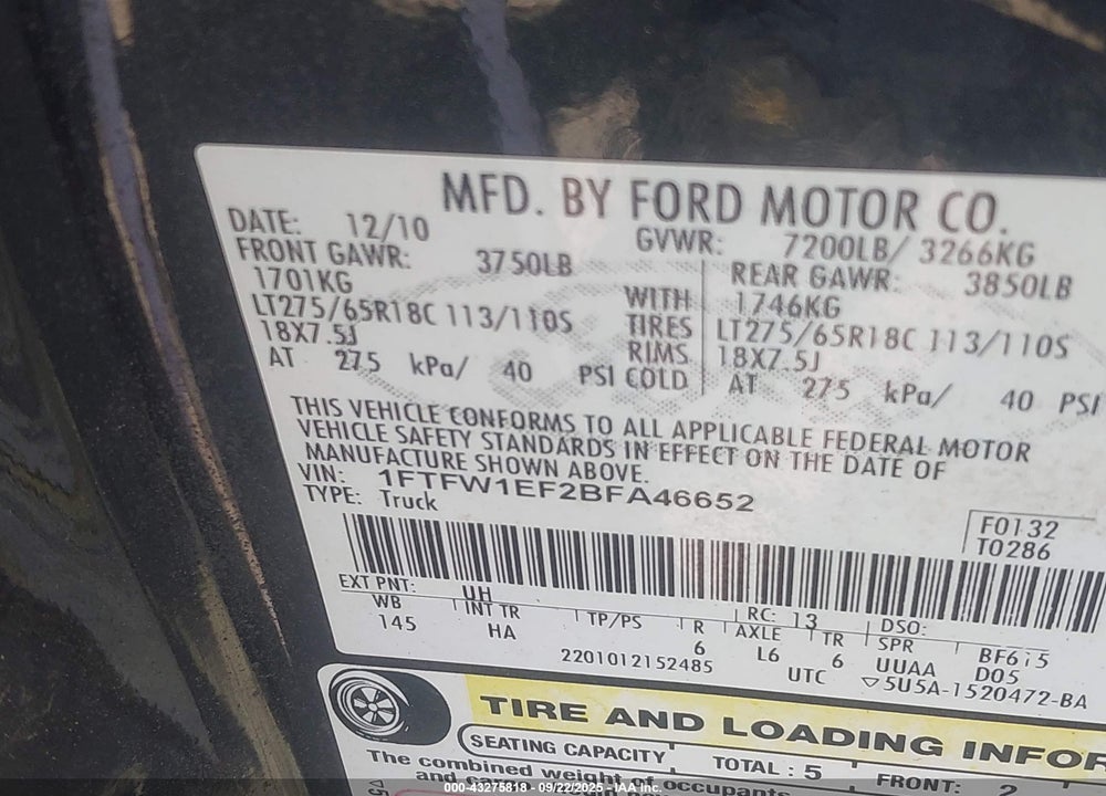 2011 FORD F-150 VIN: 1FTFW1EF2BFA46652