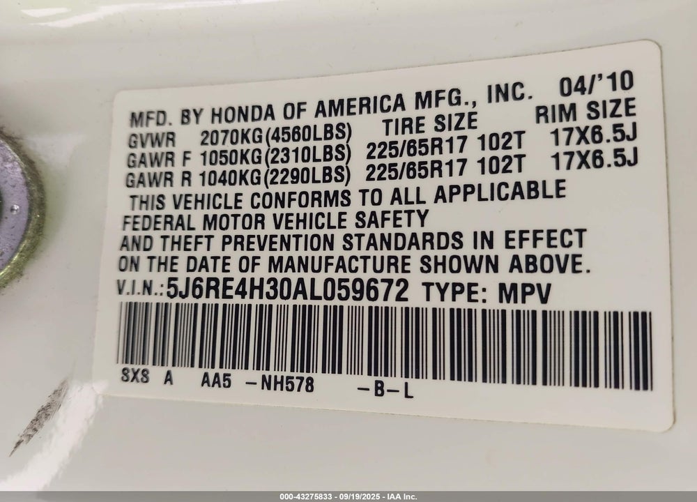 2010 HONDA CR-V VIN: 5J6RE4H30AL059672