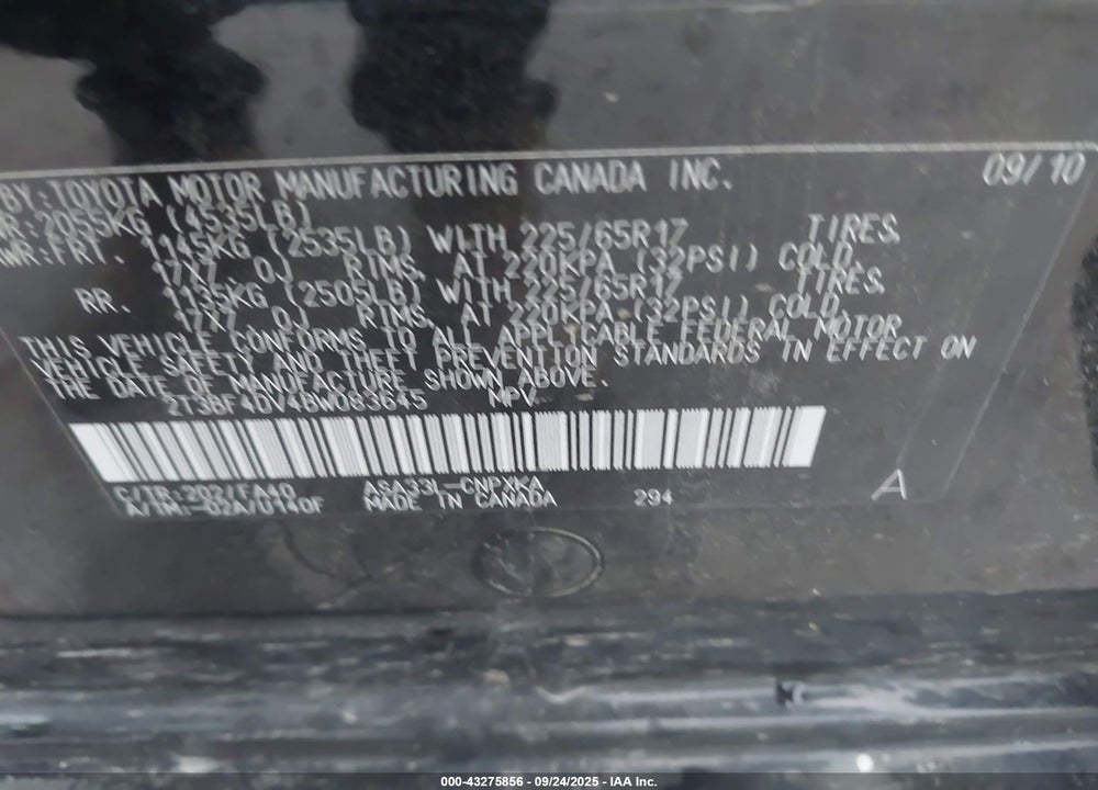 2011 TOYOTA RAV4 VIN: 2T3BF4DV4BW083645
