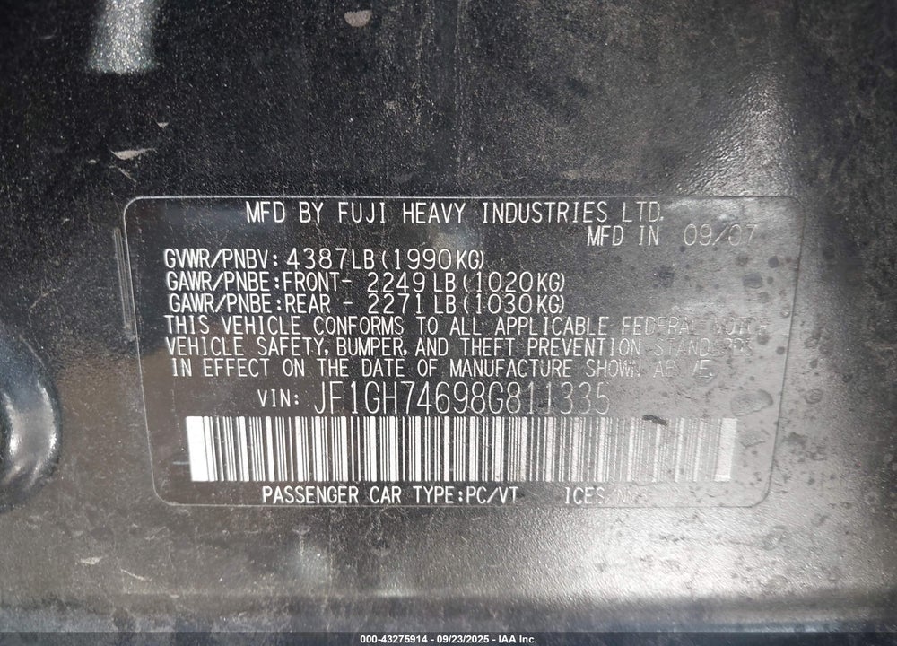 2008 SUBARU IMPREZA WRX VIN: JF1GH74698G811335