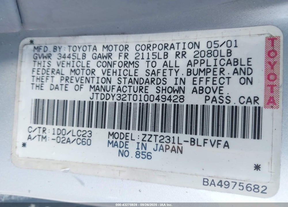2001 TOYOTA CELICA VIN: JTDDY32T010049428