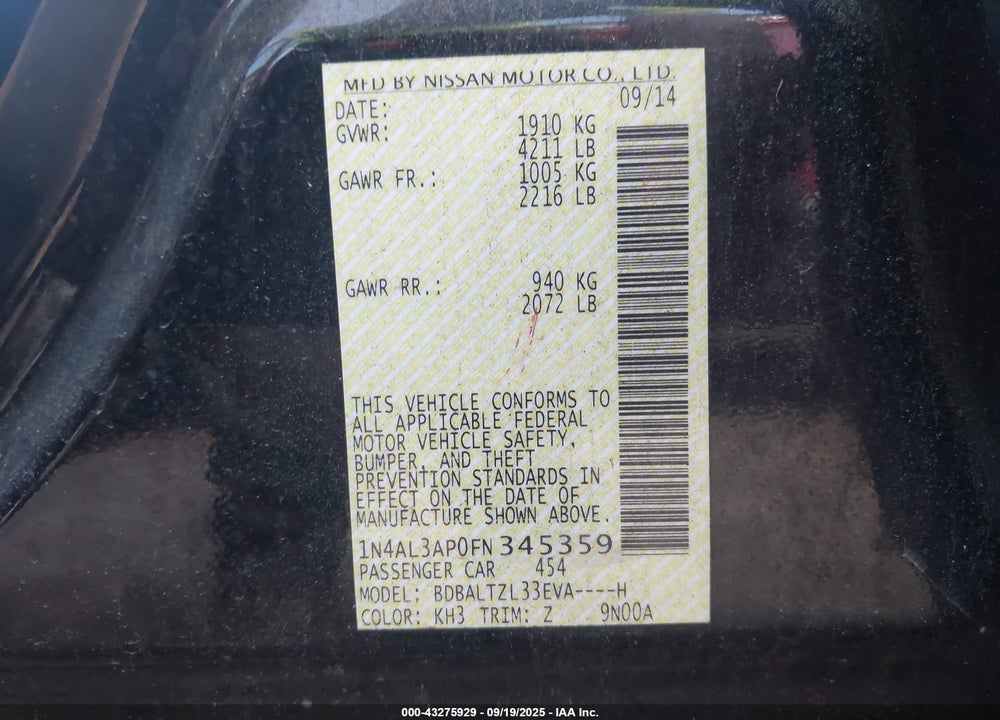 2015 NISSAN ALTIMA VIN: 1N4AL3AP0FN345359