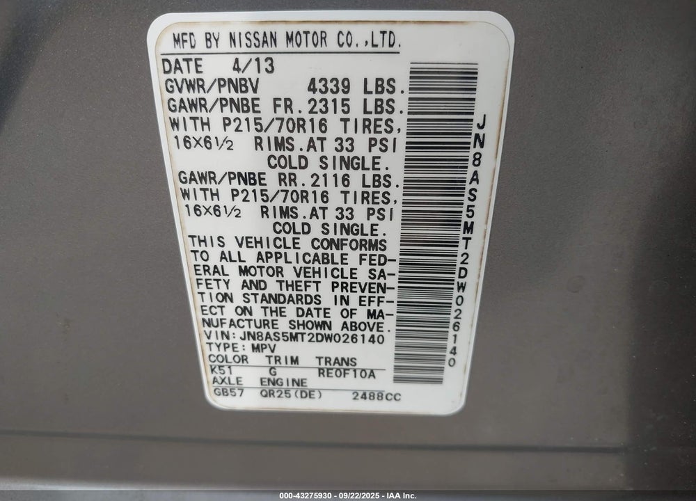 2013 NISSAN ROGUE VIN: JN8AS5MT2DW026140