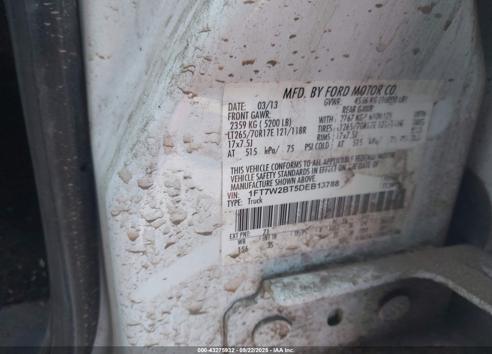 2013 FORD F-250 XLT VIN: 1FT7W2BT5DEB13788