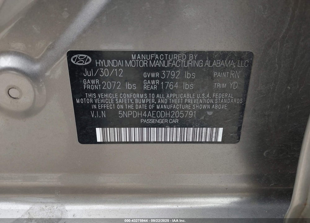 2013 HYUNDAI ELANTRA LIMITED VIN: 5NPDH4AE0DH205791