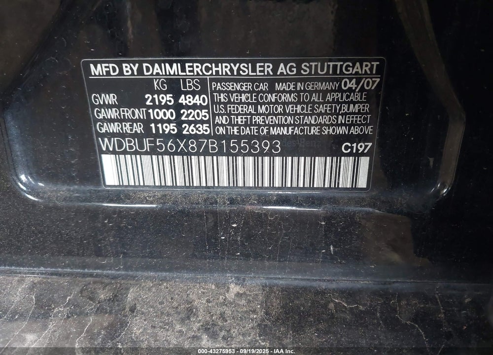 2007 MERCEDES-BENZ E-CLASS VIN: WDBUF56X87B155393