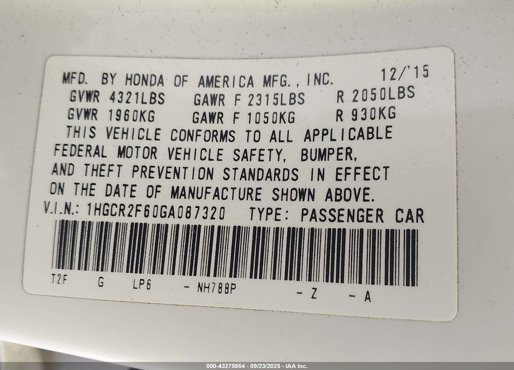 2016 HONDA ACCORD SPORT VIN: 1HGCR2F60GA087320