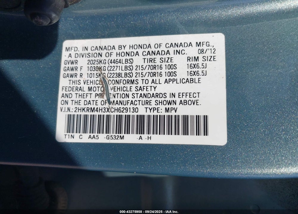2012 HONDA CR-V VIN: 2HKRM4H3XCH629130