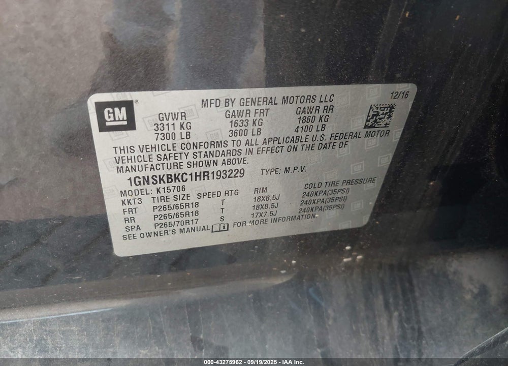 2017 CHEVROLET TAHOE VIN: 1GNSKBKC1HR193229