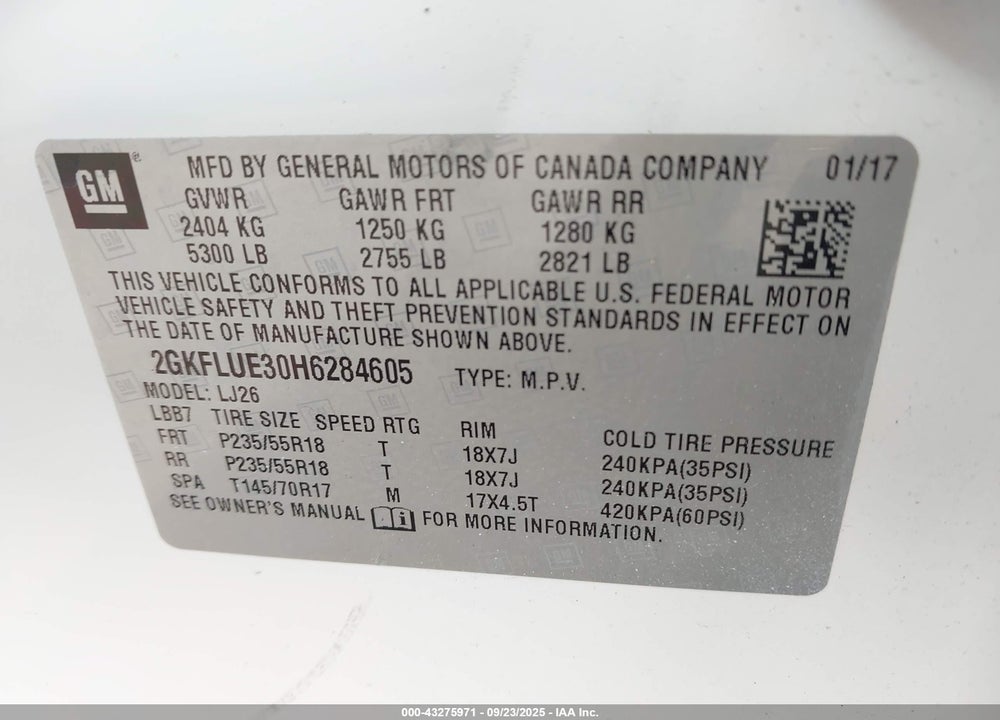 2017 GMC TERRAIN VIN: 2GKFLUE30H6284605