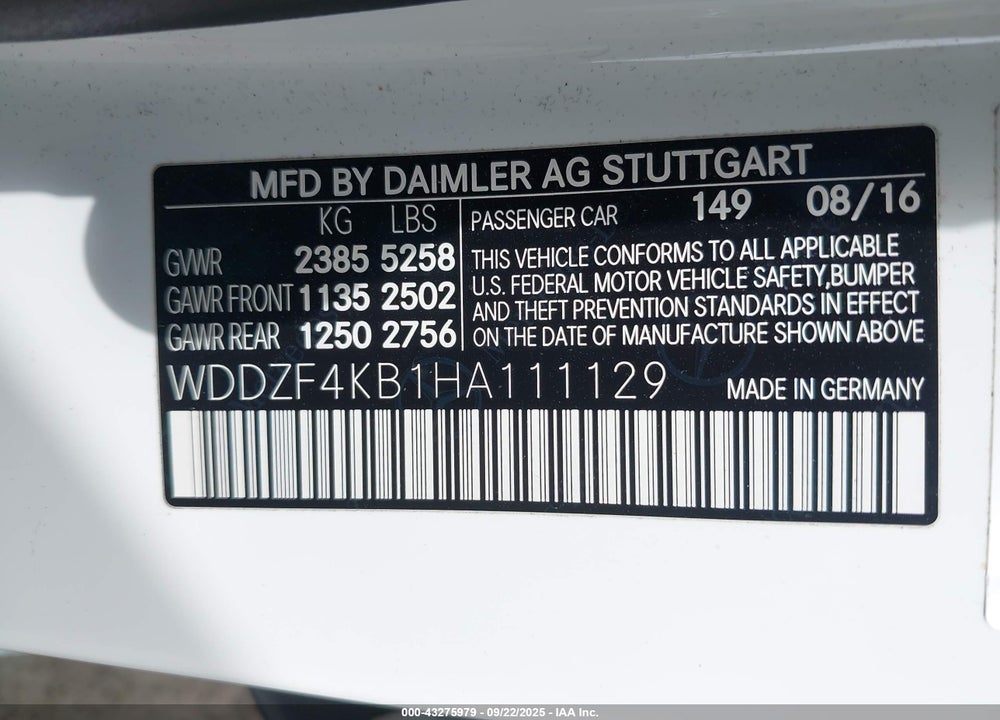 2017 MERCEDES-BENZ E-CLASS VIN: WDDZF4KB1HA111129