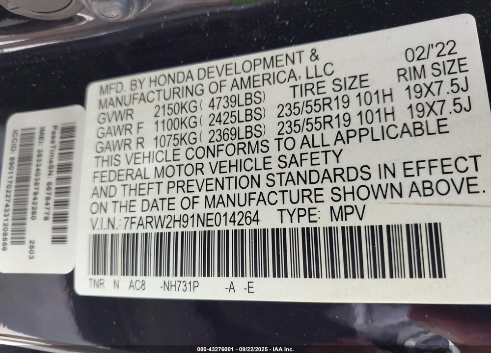 2022 HONDA CR-V AWD TOURING VIN: 7FARW2H91NE014264