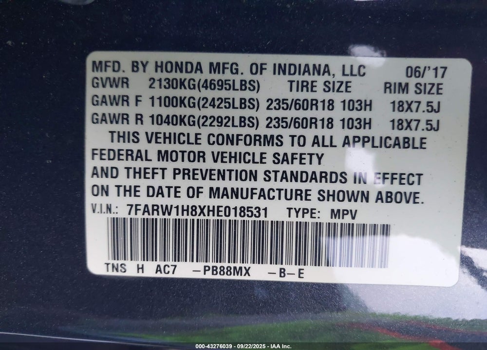 2017 HONDA CR-V EX-L/EX-L NAVI VIN: 7FARW1H8XHE018531