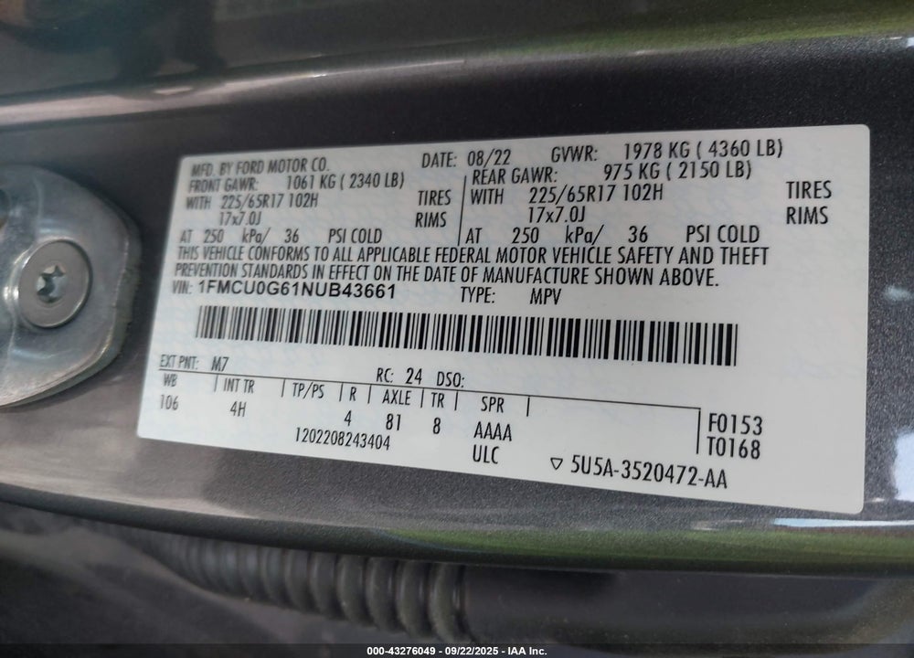 2022 FORD ESCAPE SE VIN: 1FMCU0G61NUB43661