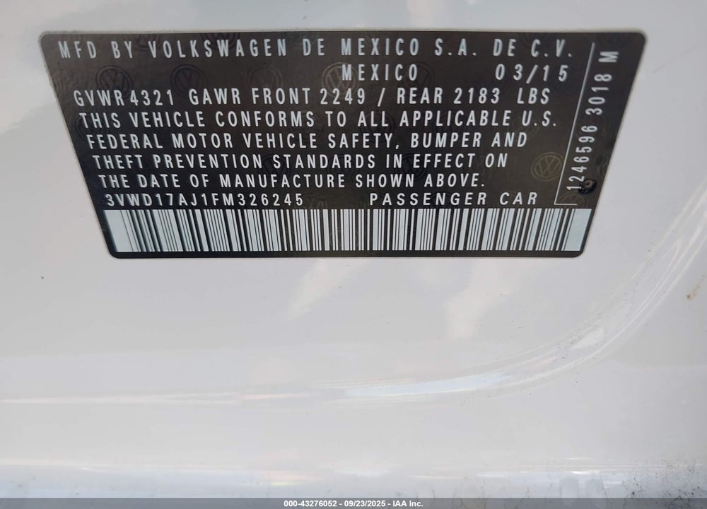 2015 VOLKSWAGEN JETTA VIN: 3VWD17AJ1FM326245