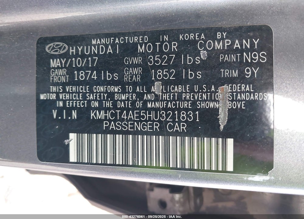 2017 HYUNDAI ACCENT SE VIN: KMHCT4AE5HU321831