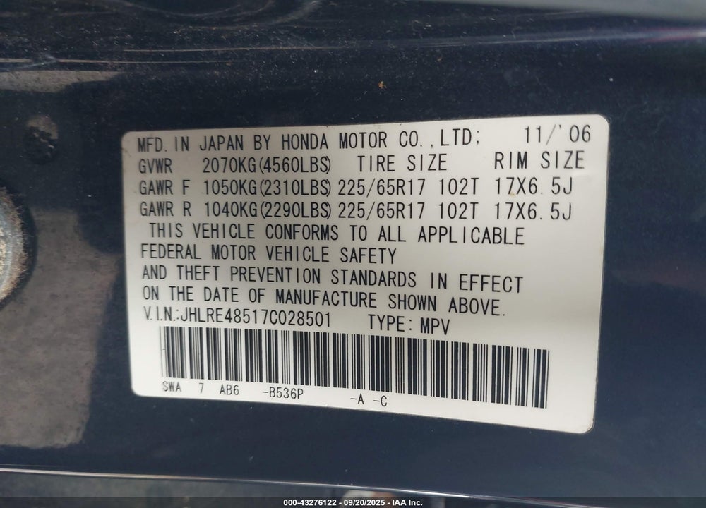 2007 HONDA CR-V EX VIN: JHLRE48517C028501