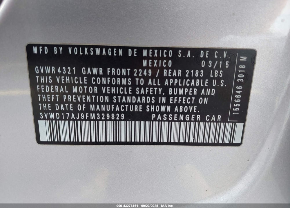 2015 VOLKSWAGEN JETTA VIN: 3VWD17AJ9FM329829