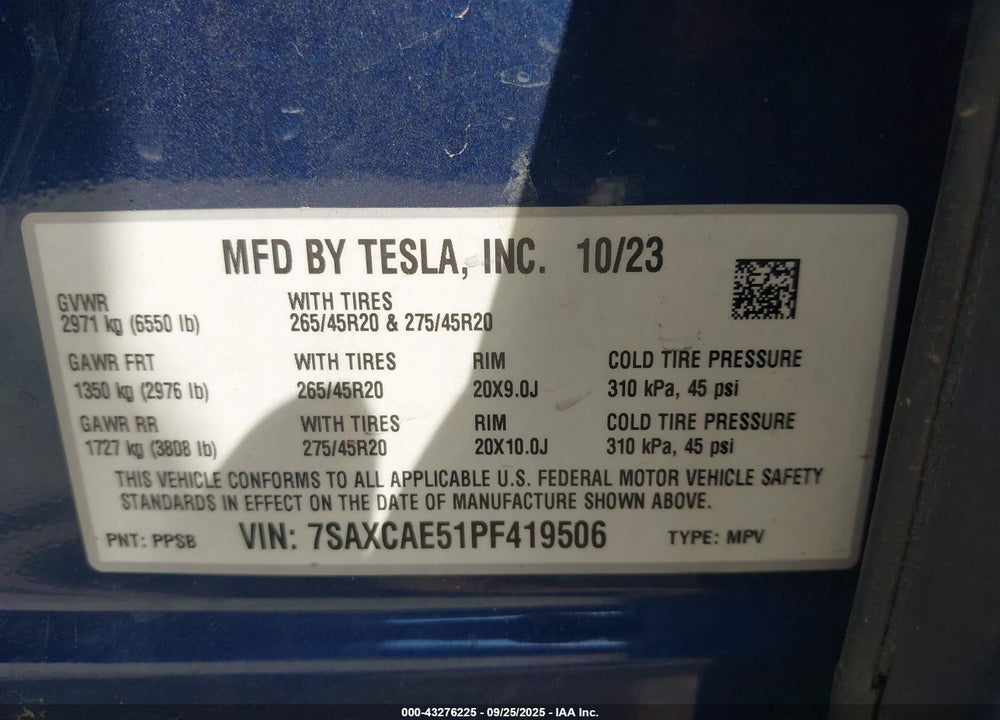 2023 TESLA MODEL X DUAL MOTOR ALL-WHEEL DRIVE/STANDARD RANGE VIN: 7SAXCAE51PF419506