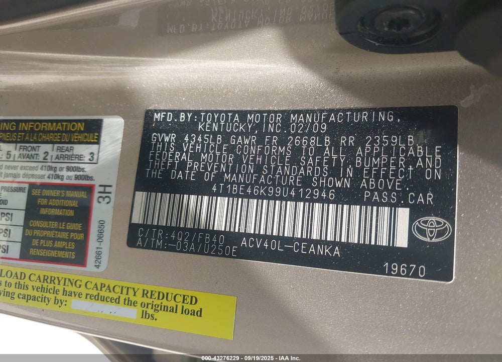 2009 TOYOTA CAMRY VIN: 4T1BE46K99U412946