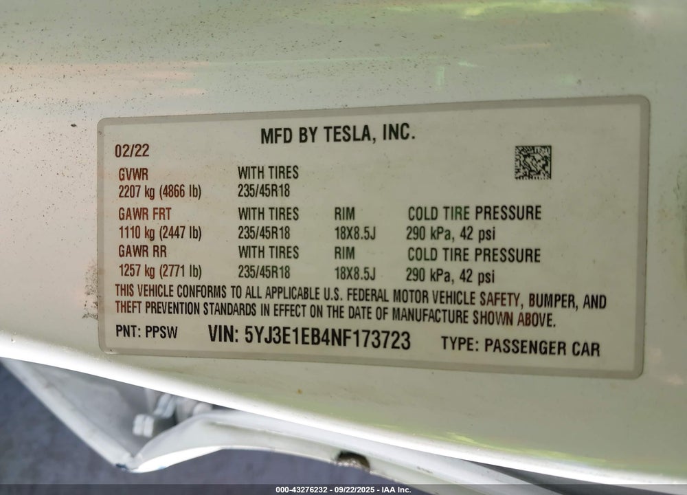 2022 TESLA MODEL 3 VIN: 5YJ3E1EB4NF173723