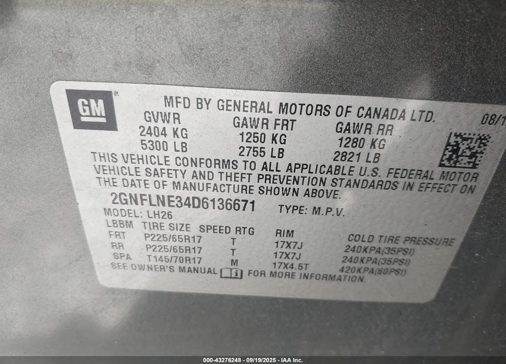 2013 CHEVROLET EQUINOX VIN: 2GNFLNE34D6136671