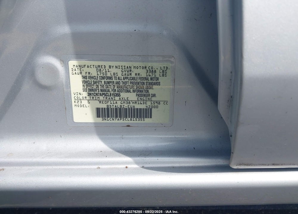2012 NISSAN VERSA 1.6 SV VIN: 3N1CN7AP5CL815355