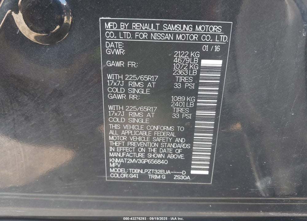 2016 NISSAN ROGUE VIN: KNMAT2MV3GP656840