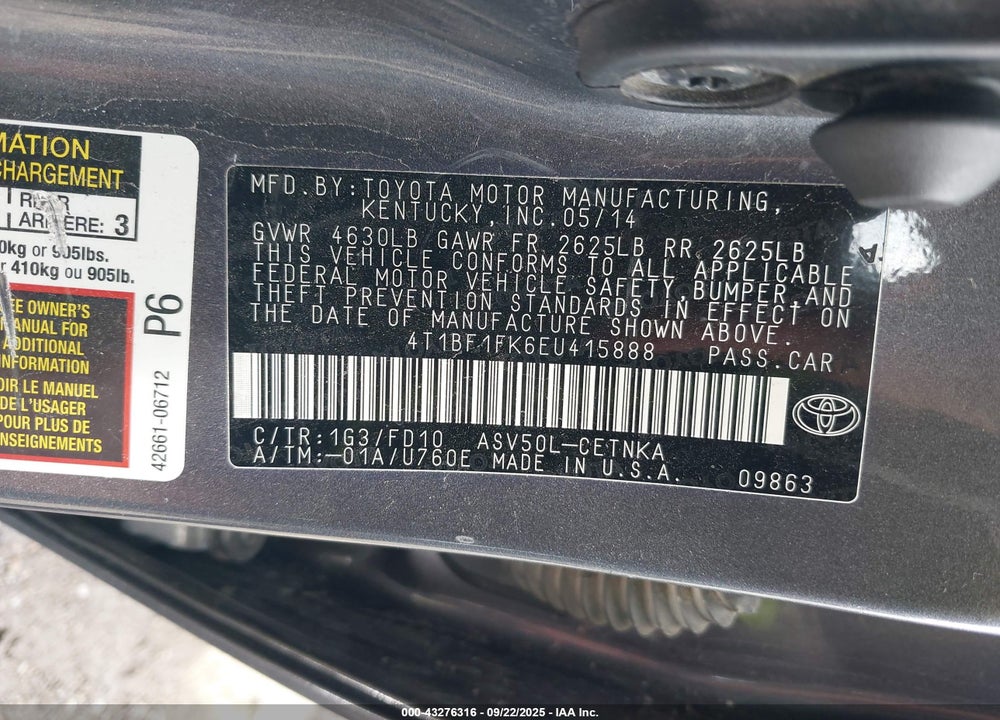 2014 TOYOTA CAMRY LE VIN: 4T1BF1FK6EU415888