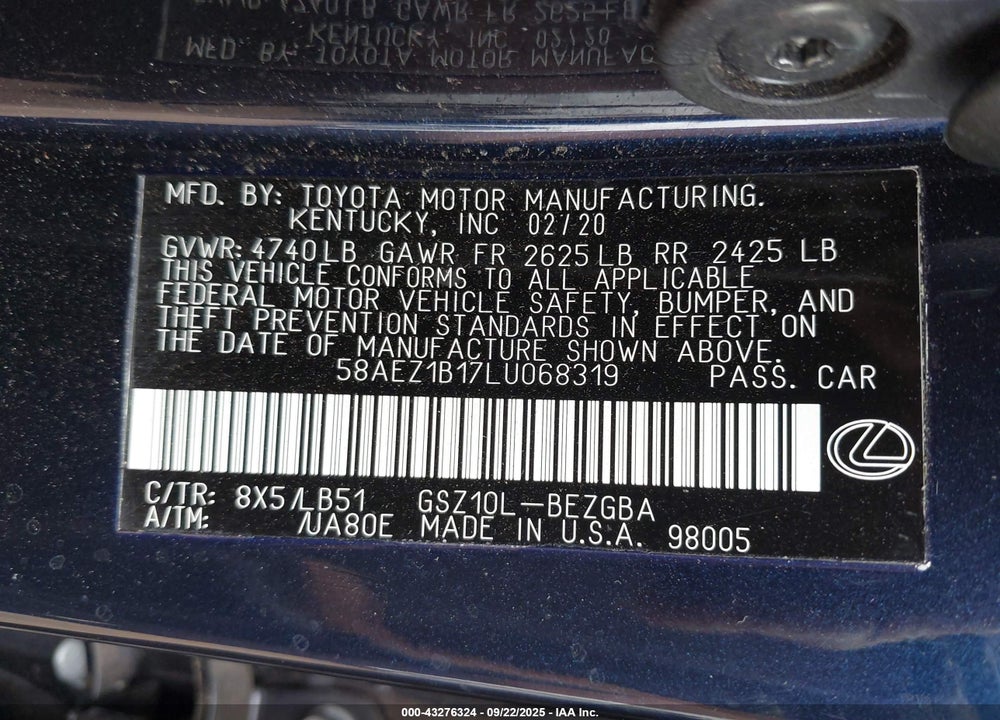 2020 LEXUS ES 350 VIN: 58AEZ1B17LU068319