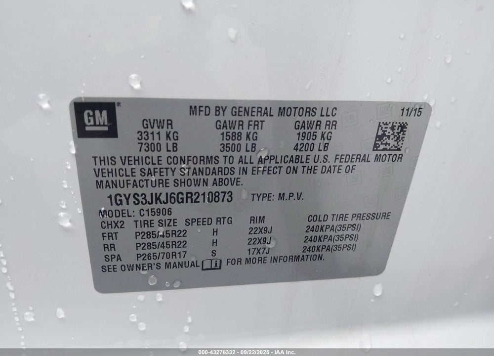 2016 CADILLAC ESCALADE ESV VIN: 1GYS3JKJ6GR210873
