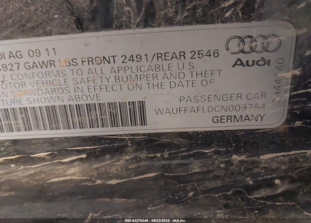 2012 AUDI A4 VIN: WAUFFAFL0CN009754
