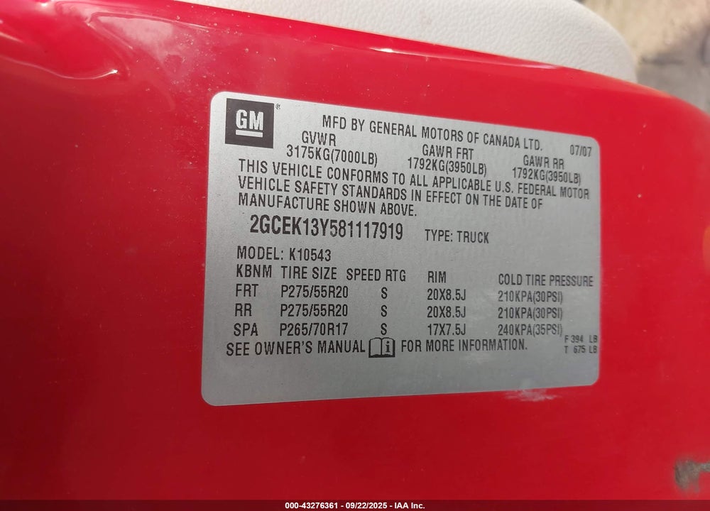 2008 CHEVROLET SILVERADO 1500 VIN: 2GCEK13Y581117919