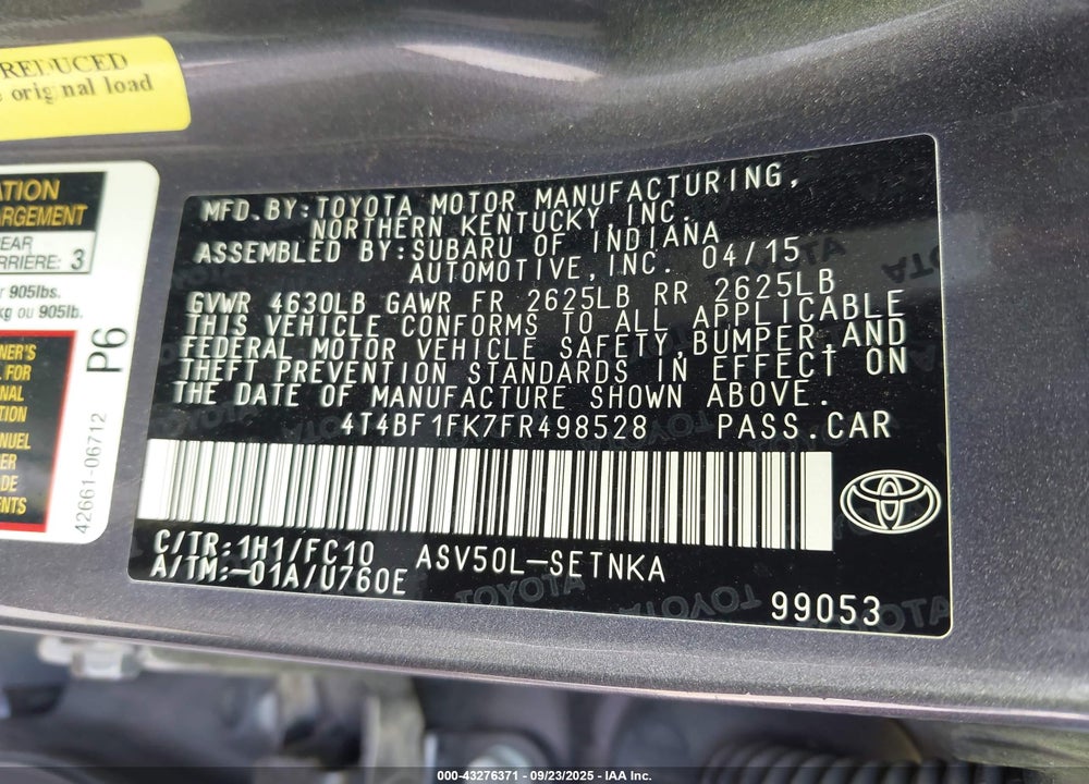2015 TOYOTA CAMRY LE VIN: 4T4BF1FK7FR498528