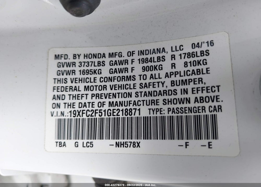 2016 HONDA CIVIC VIN: 19XFC2F51GE218871