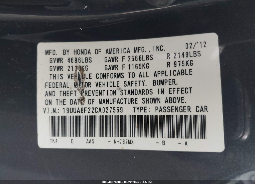 2012 ACURA TL VIN: 19UUA8F22CA027559