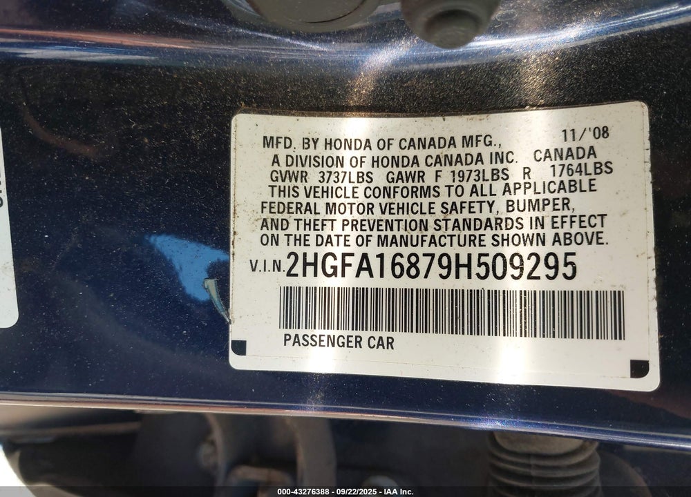 2009 HONDA CIVIC EX VIN: 2HGFA16879H509295