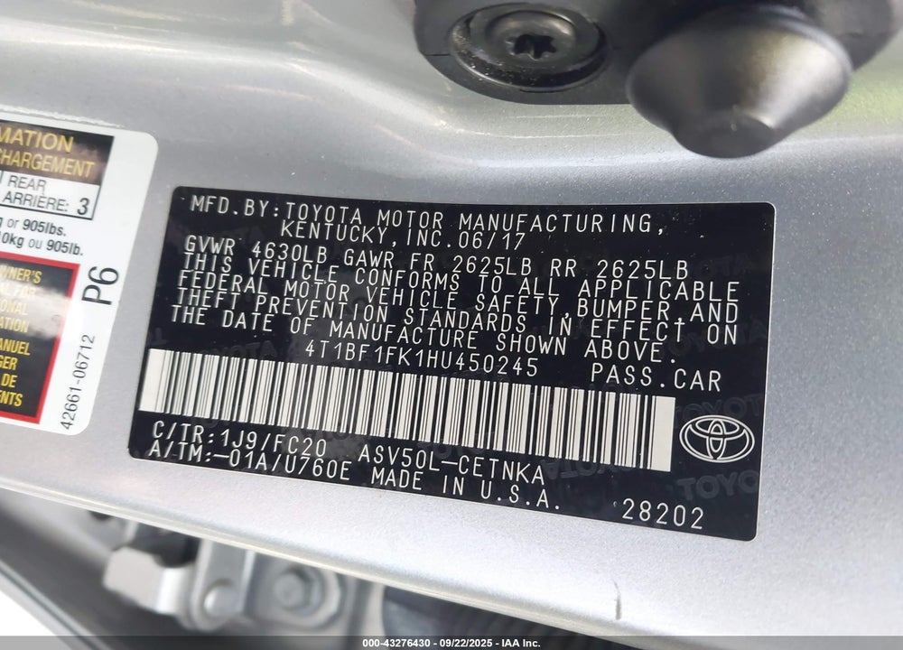 2017 TOYOTA CAMRY VIN: 4T1BF1FK1HU450245