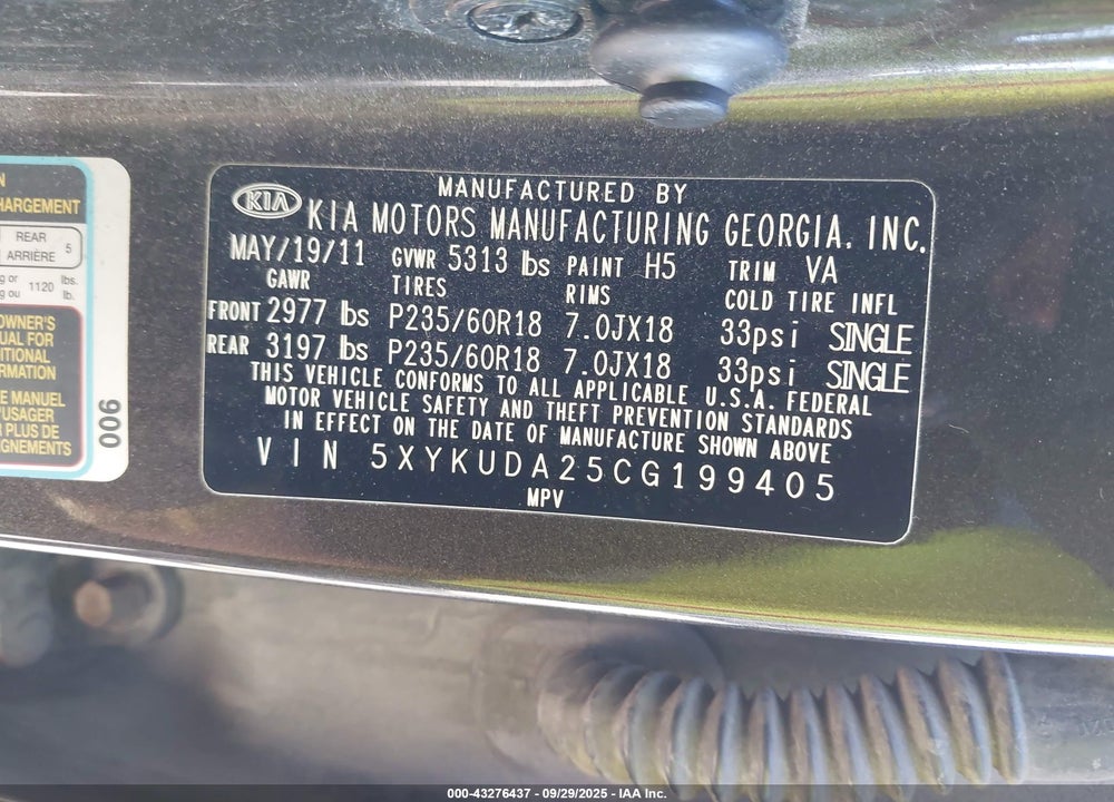 2012 KIA SORENTO EX V6 VIN: 5XYKUDA25CG199405